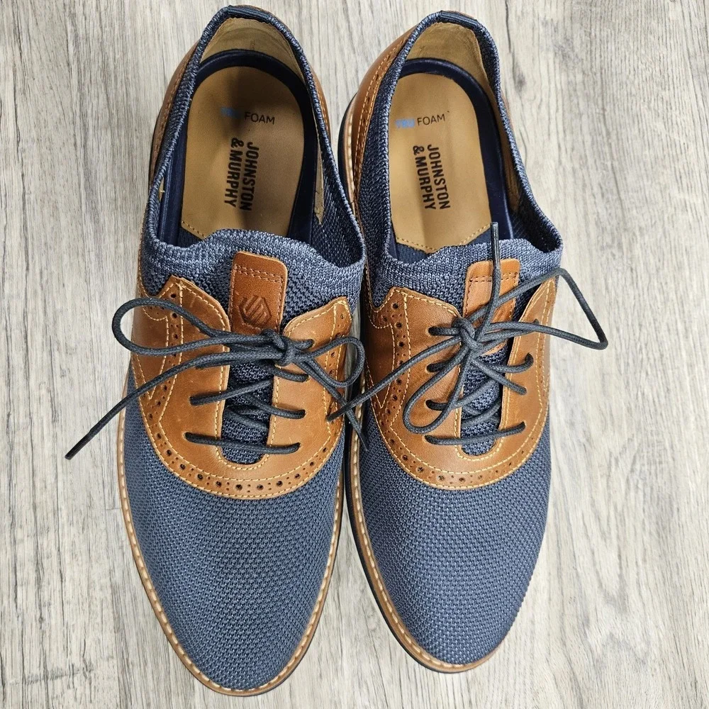 Johnston & Murphy Braydon Knit Saddle Shoe Navy Knit Tan Full Grain Mens 9.5 M